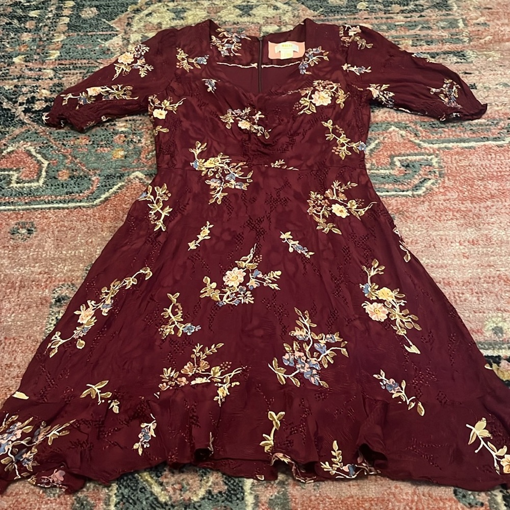 Anthropologie Burgundy Floral Mini Dress - Picture 2 of 5